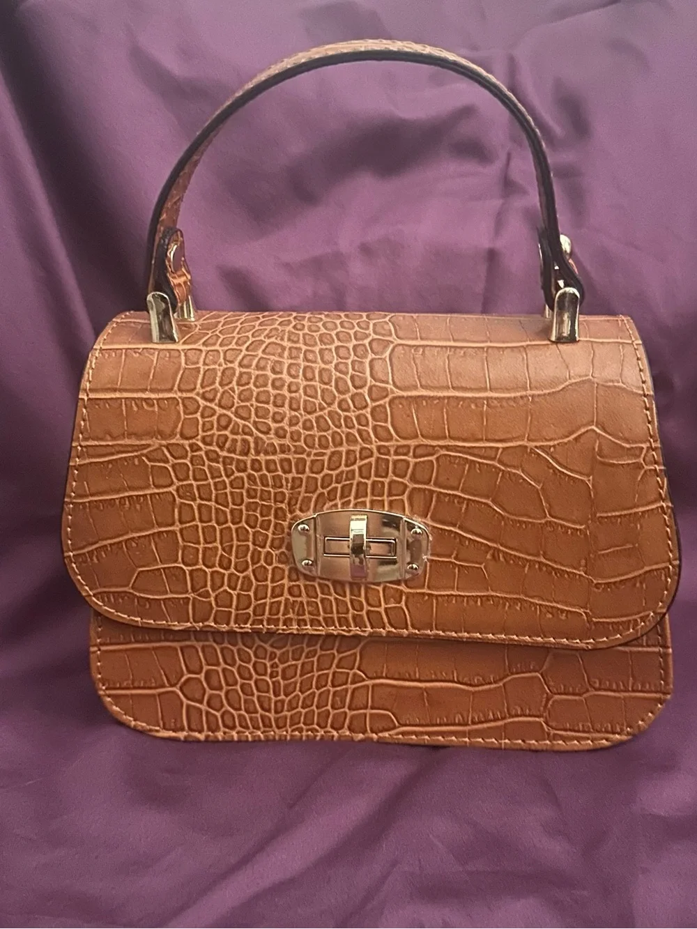 Italian Leather Croc-Embossed Top-Handle Bag in Brown